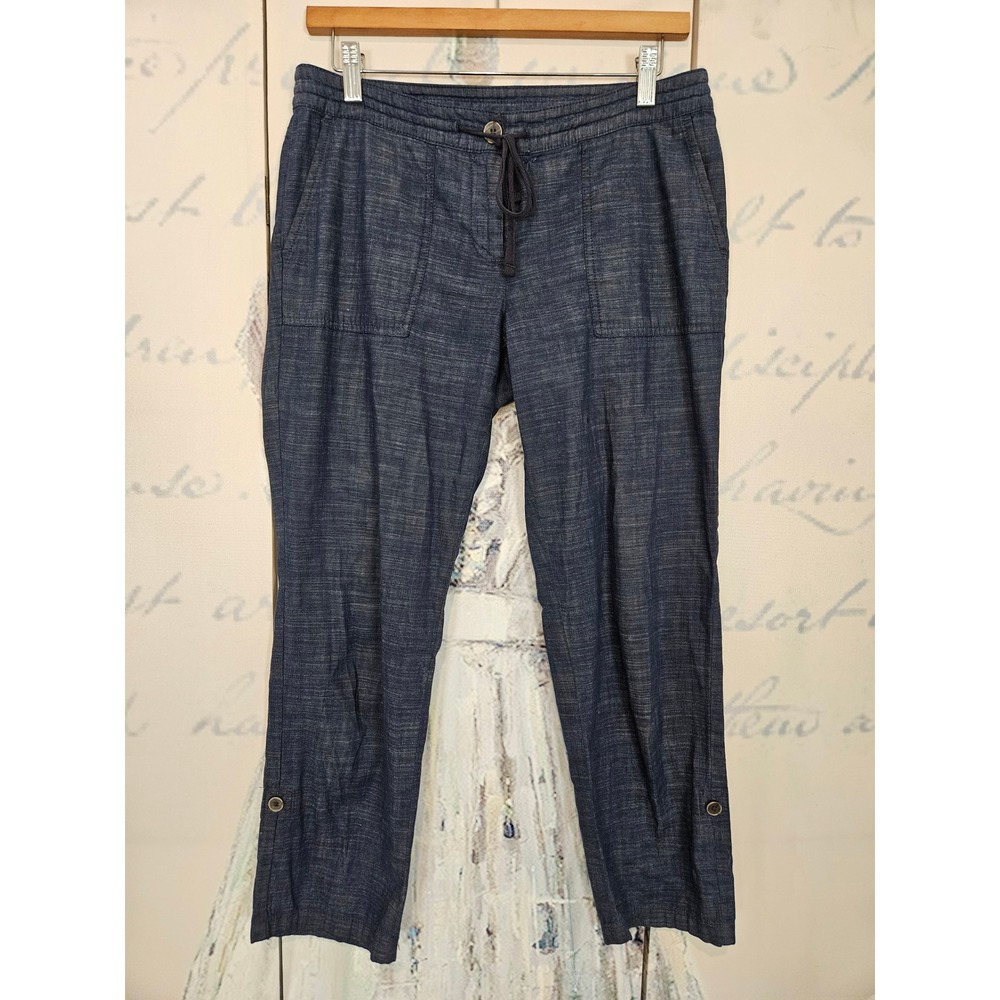 Talbots Pants 4P Blue 100% Cotton Drawstring Cropped‎ Roll Tab Casual Coastal